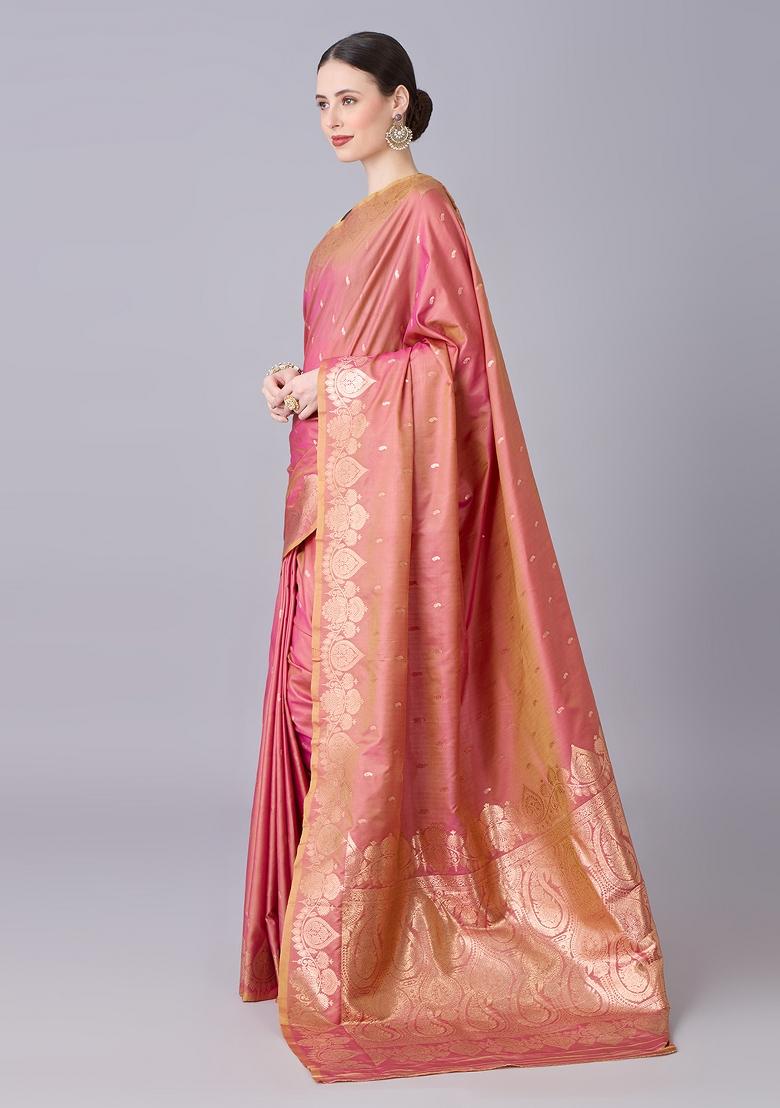 Onion Pink Woven Design Banarasi Saree Set - Indya