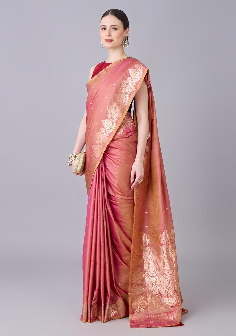 Onion Pink Woven Design Banarasi Saree Set - Indya