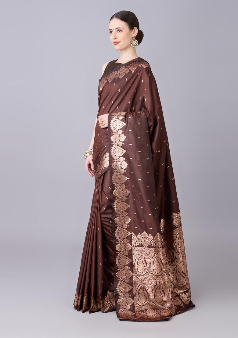 Coffee Woven Design Banarasi Saree Set - Indya
