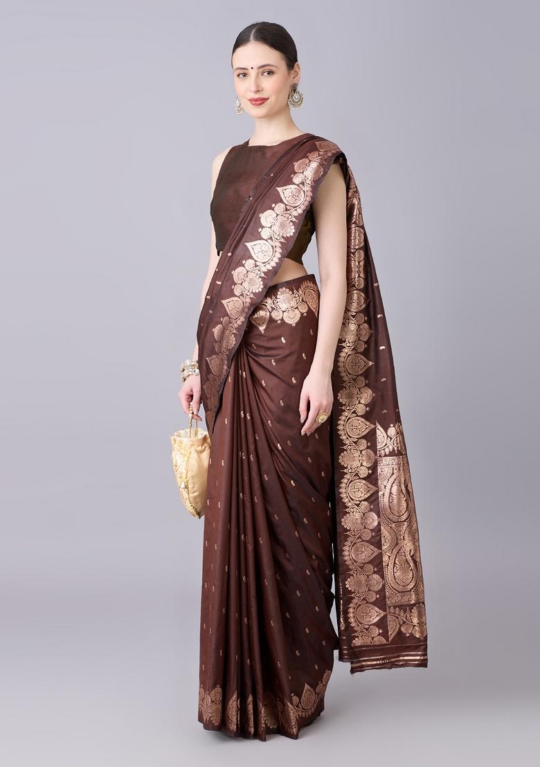Coffee Woven Design Banarasi Saree Set - Indya