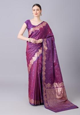 Wine Woven Design Banarasi Saree Set