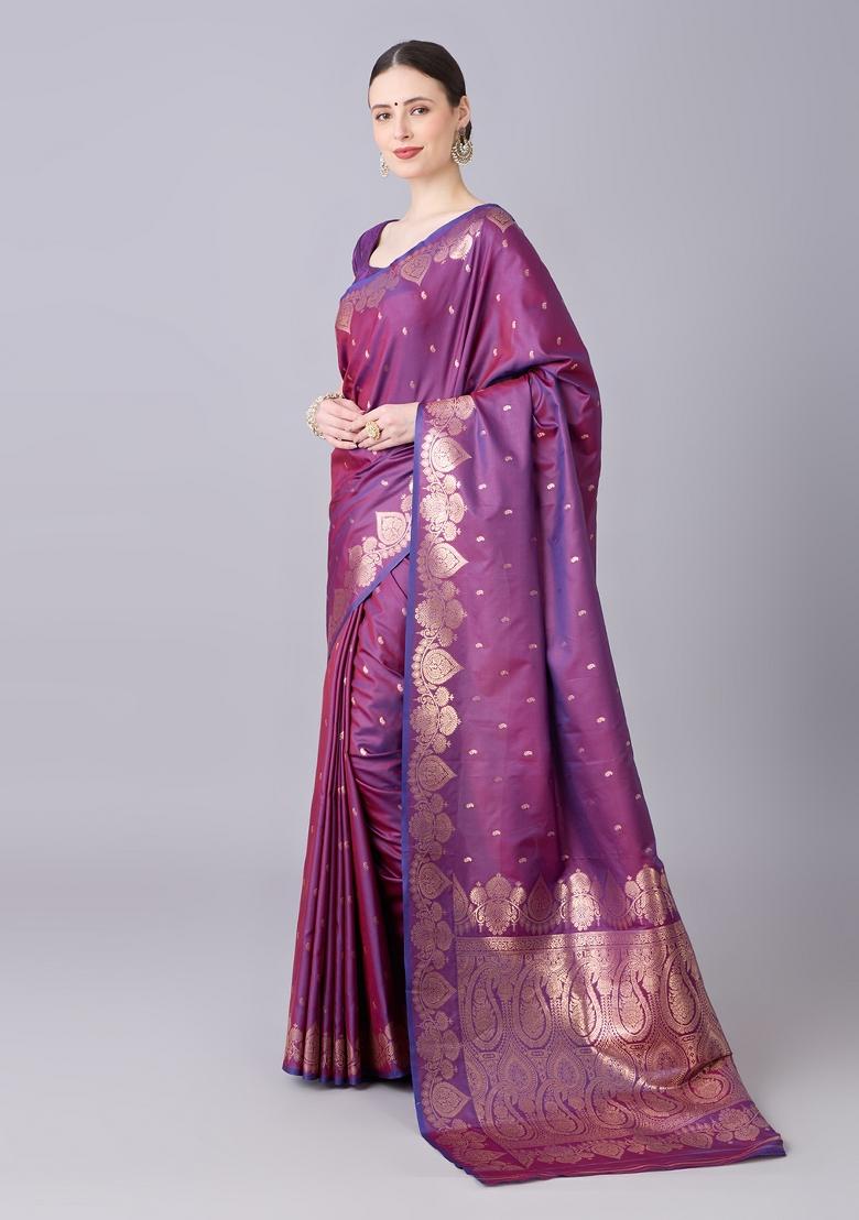 Wine Woven Design Banarasi Saree Set - Indya