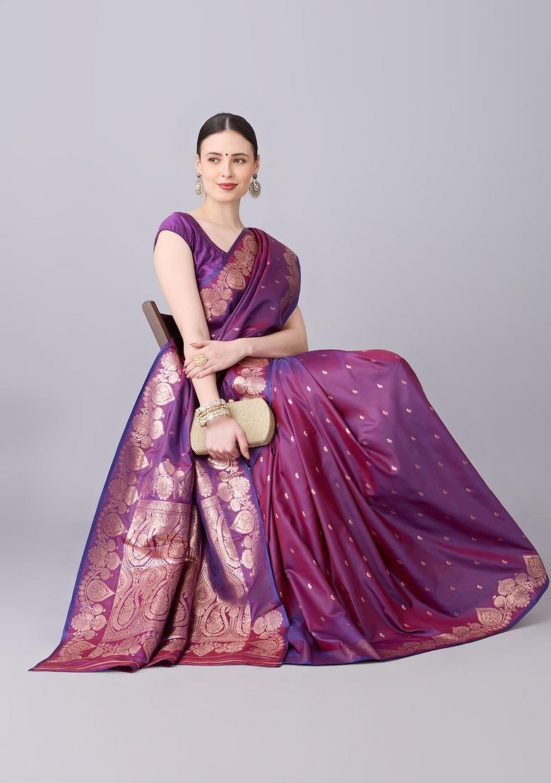 Wine Woven Design Banarasi Saree Set - Indya