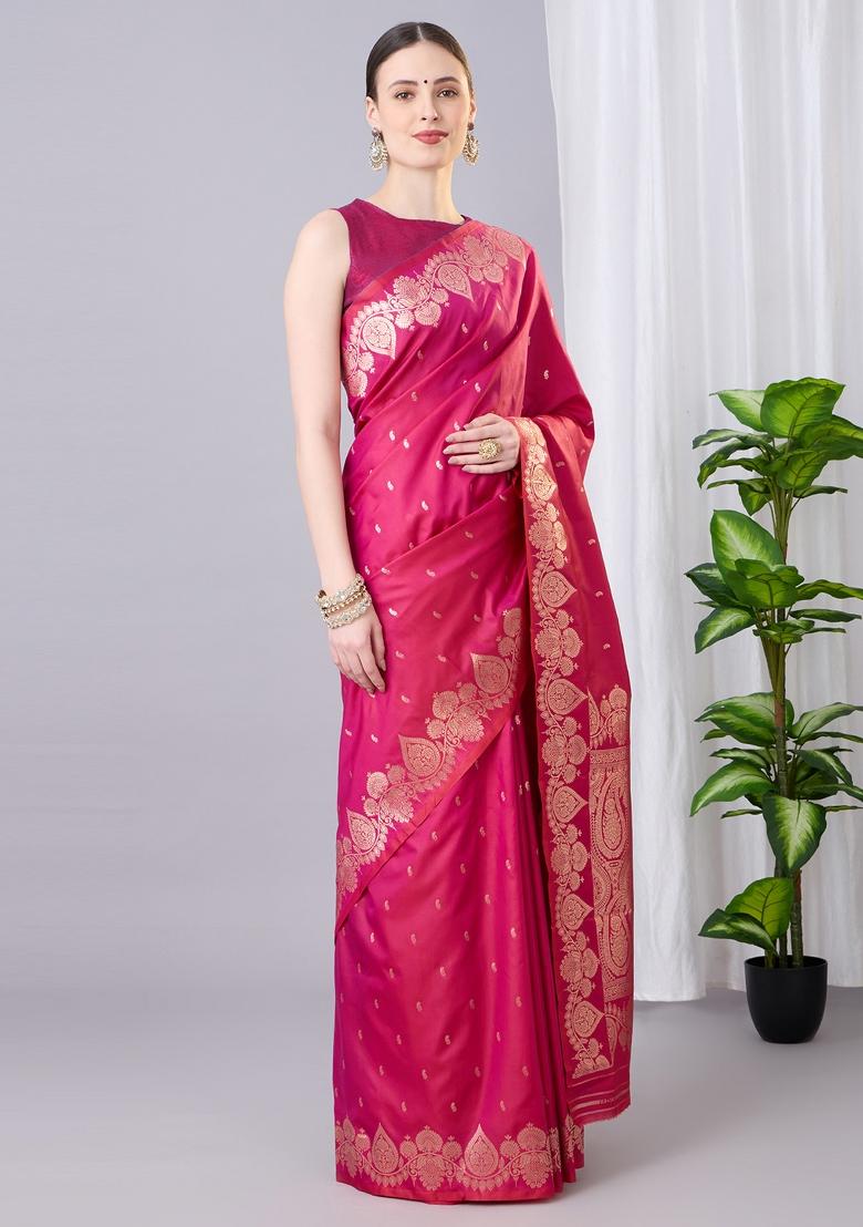 Pink Woven Design Banarasi Saree Set - Indya