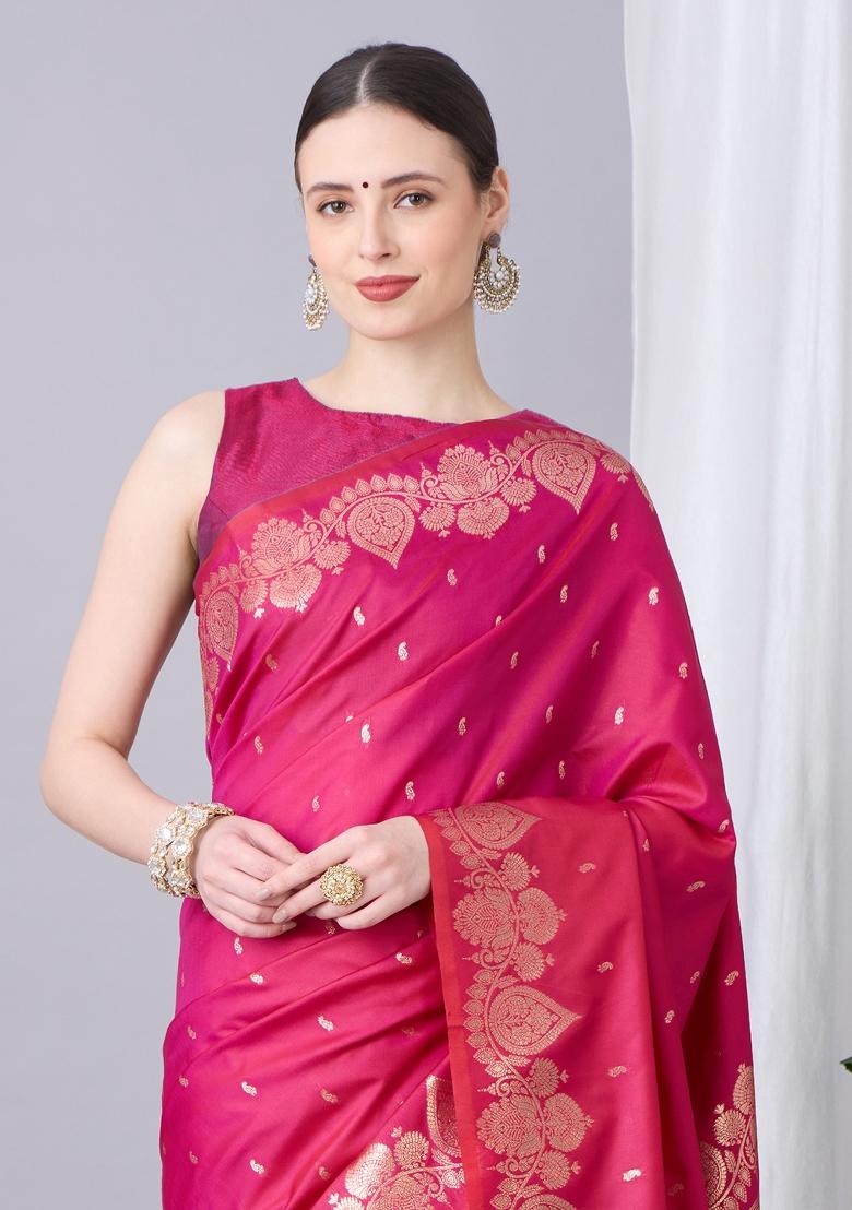 Pink Woven Design Banarasi Saree Set - Indya