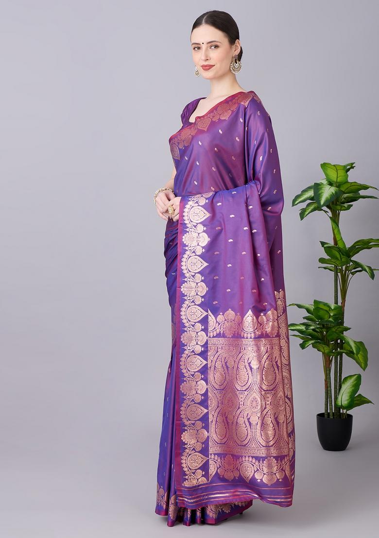 Purple Woven Design Banarasi Saree Set - Indya