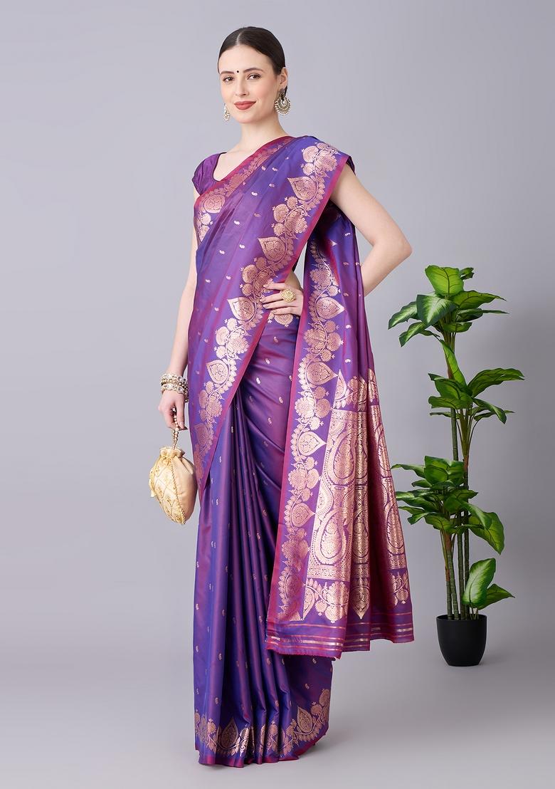 Purple Woven Design Banarasi Saree Set - Indya