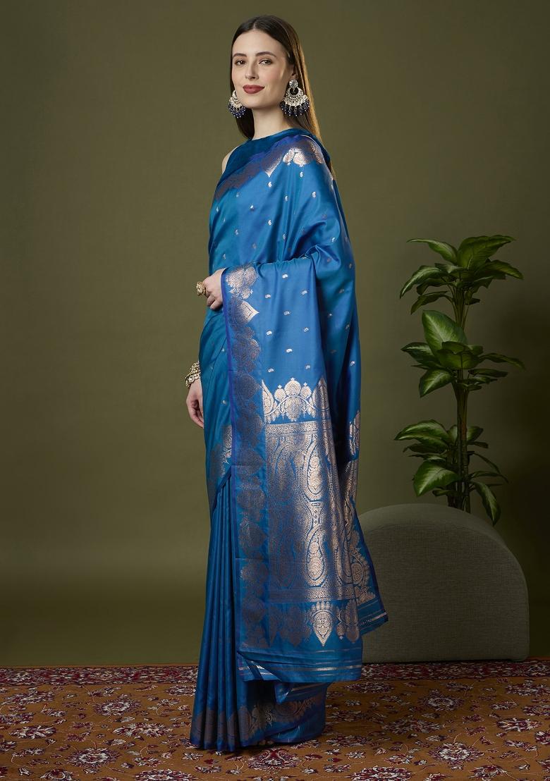 Indigo Woven Design Banarasi Saree Set - Indya
