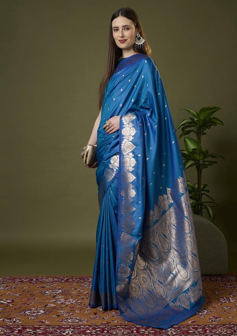 Indigo Woven Design Banarasi Saree Set - Indya