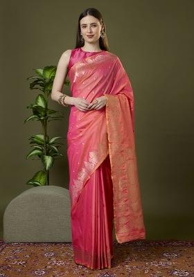 Peach Woven Design Banarasi Saree Set
