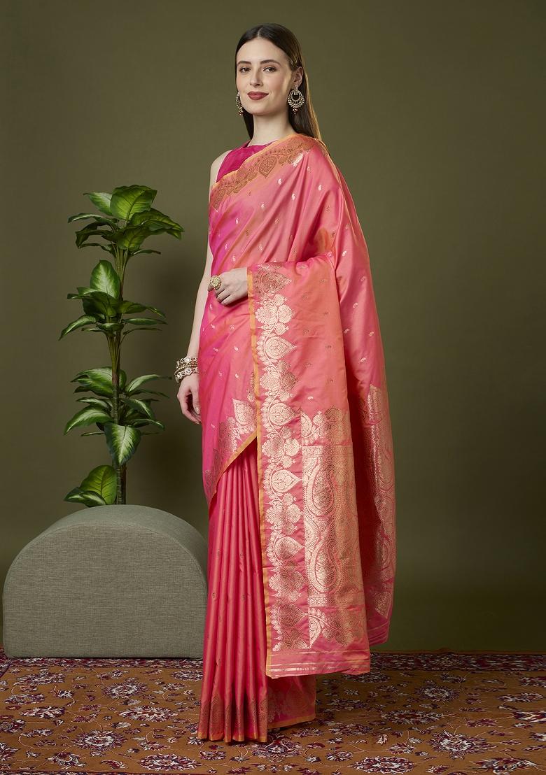 Peach Woven Design Banarasi Saree Set - Indya