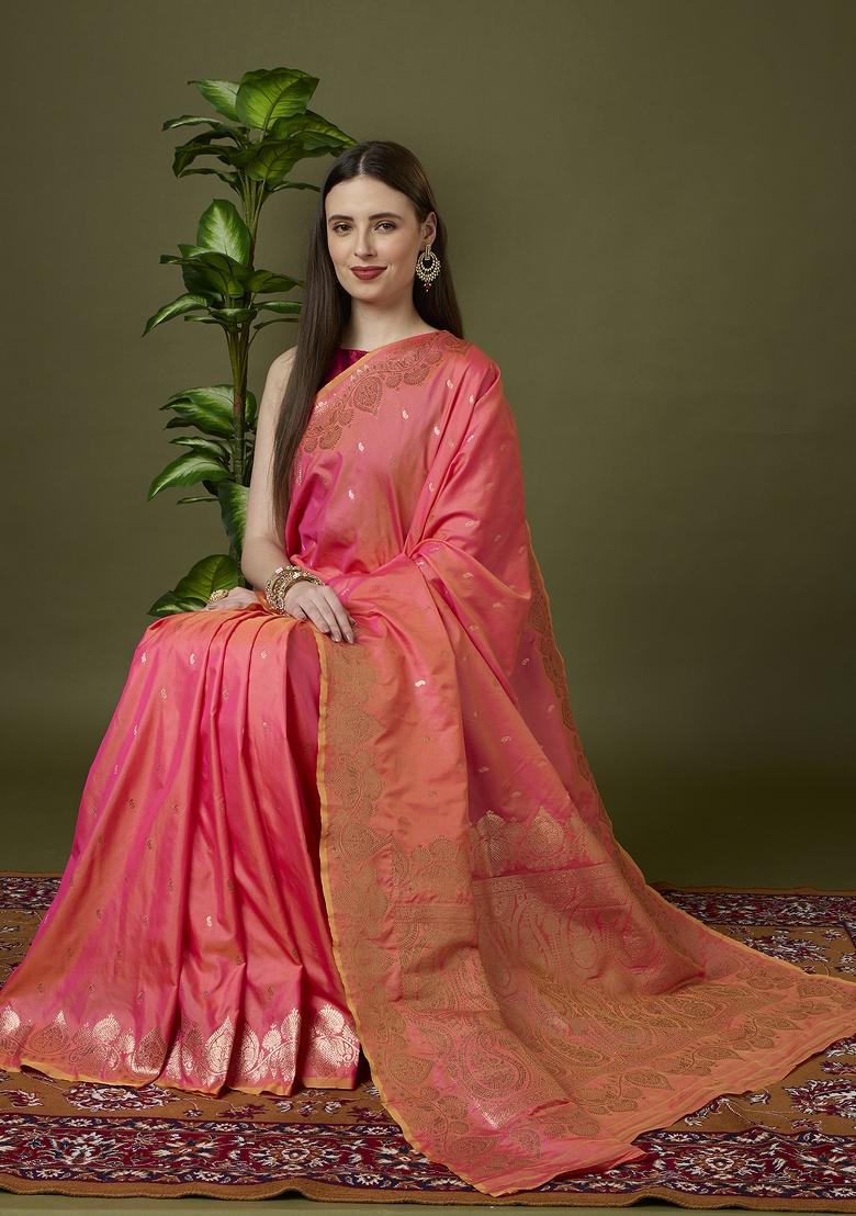 Peach Woven Design Banarasi Saree Set - Indya