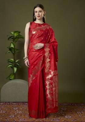Red Woven Design Banarasi Saree Set