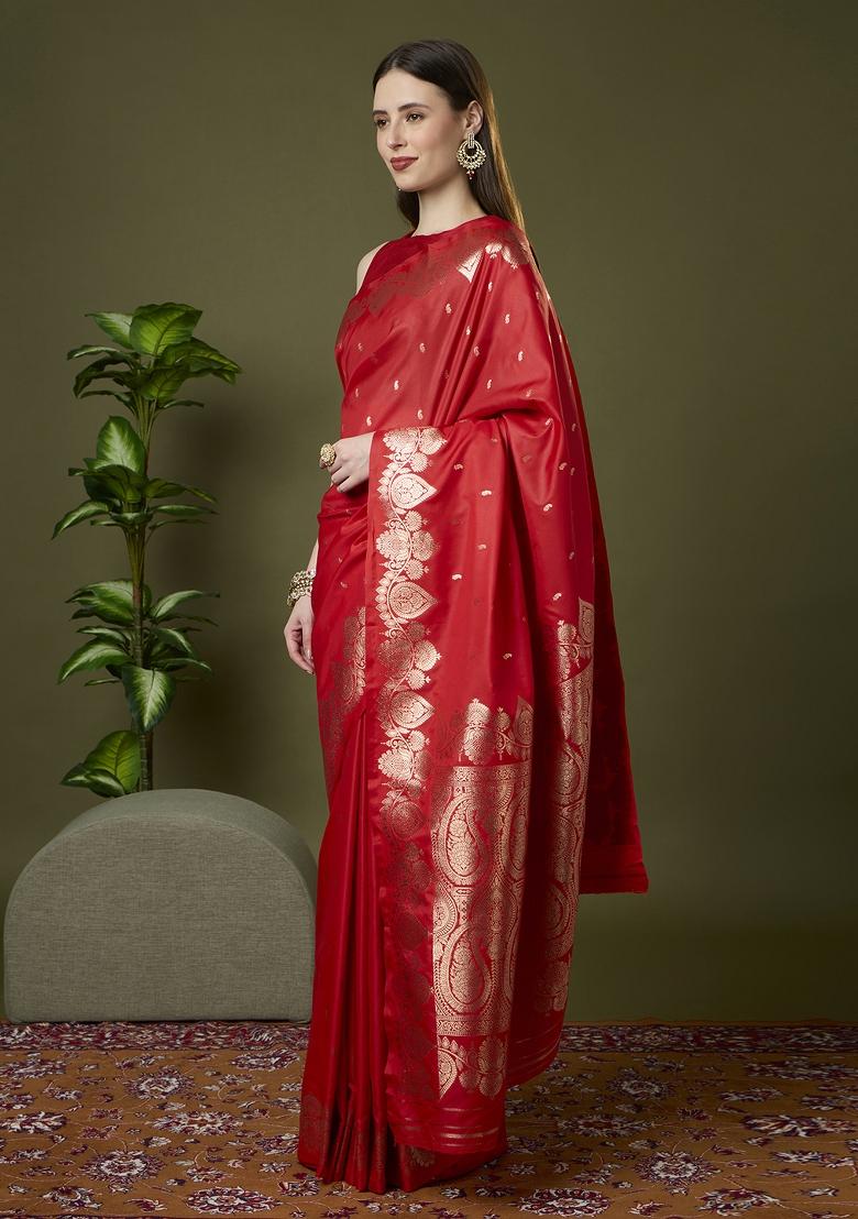 Red Woven Design Banarasi Saree Set - Indya