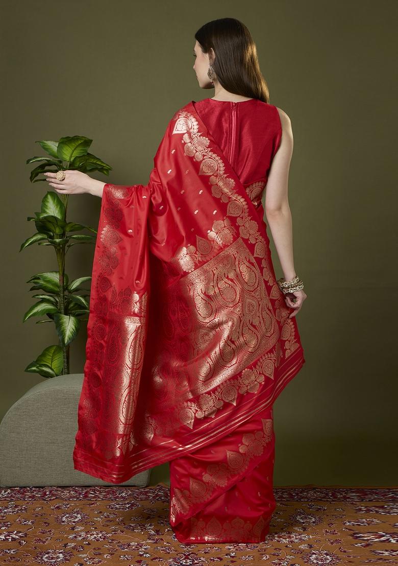 Red Woven Design Banarasi Saree Set - Indya