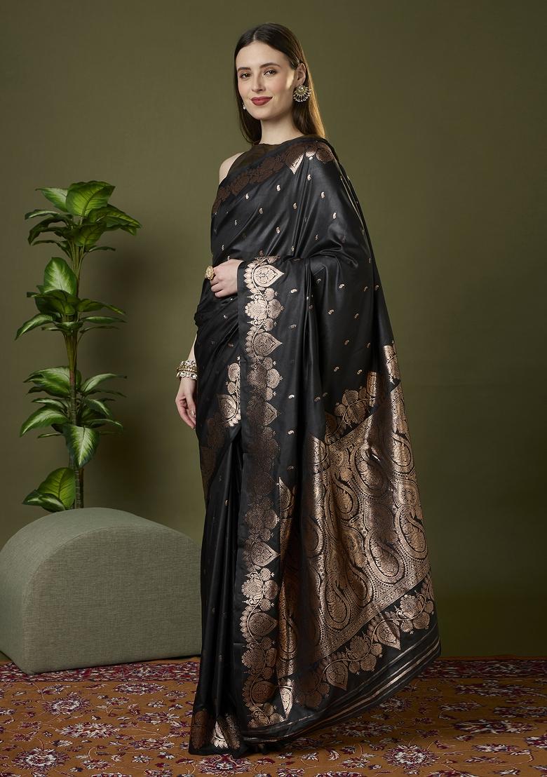 Black Woven Design Banarasi Saree Set - Indya