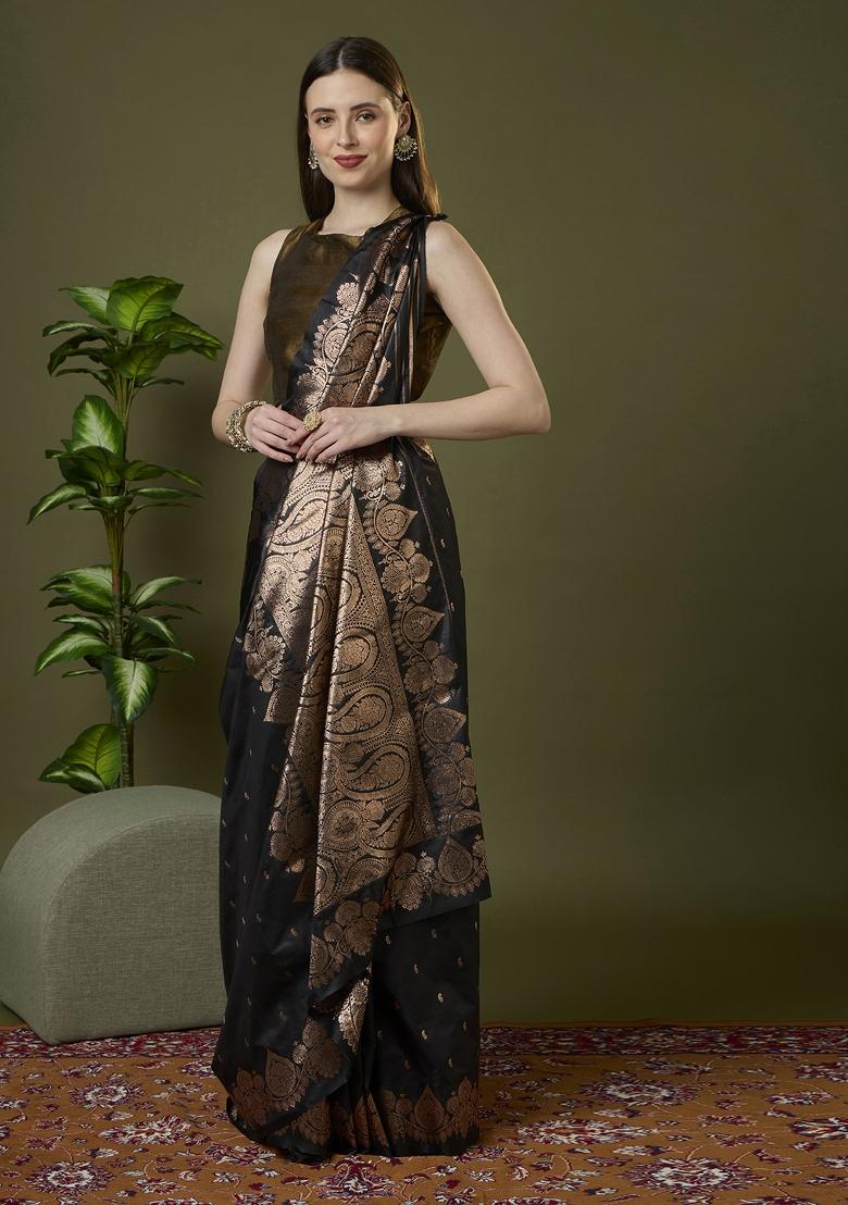 Black Woven Design Banarasi Saree Set - Indya