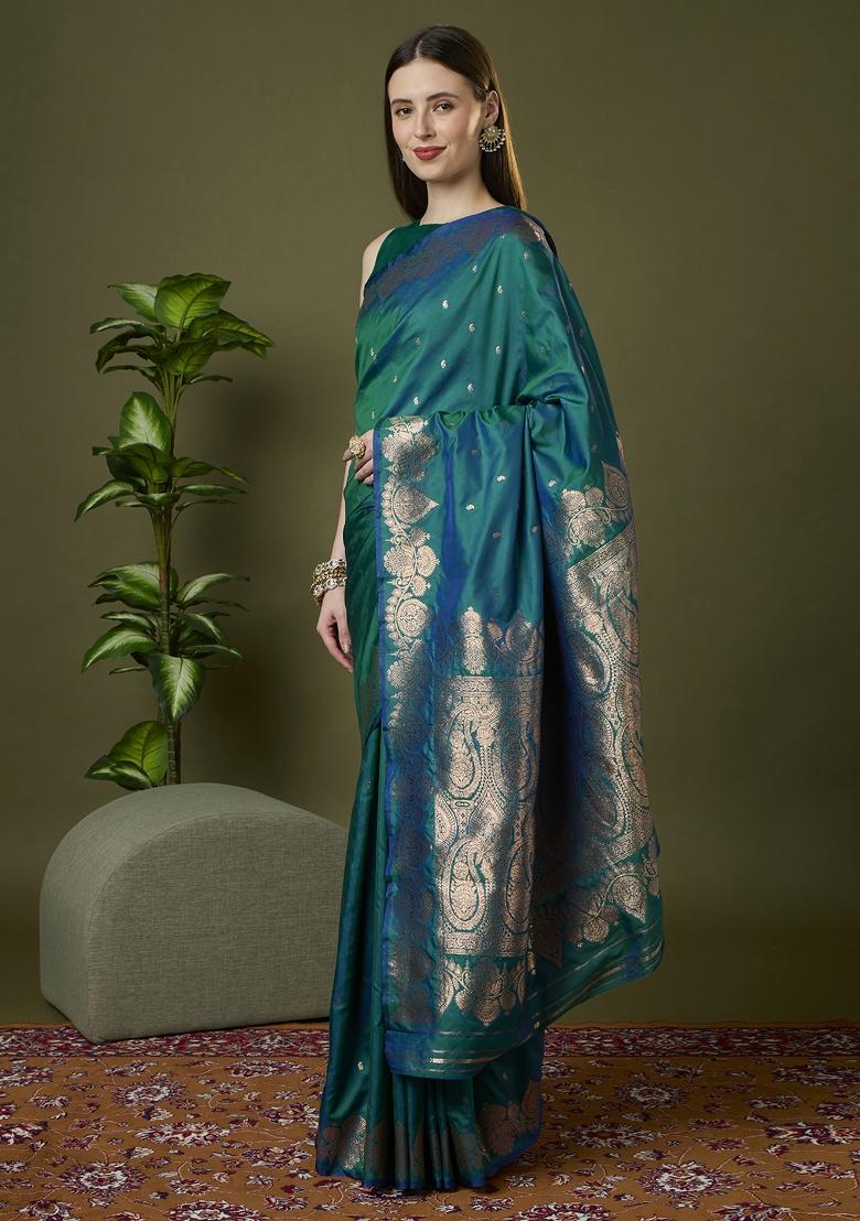 Sea Green Woven Design Banarasi Saree Set - Indya