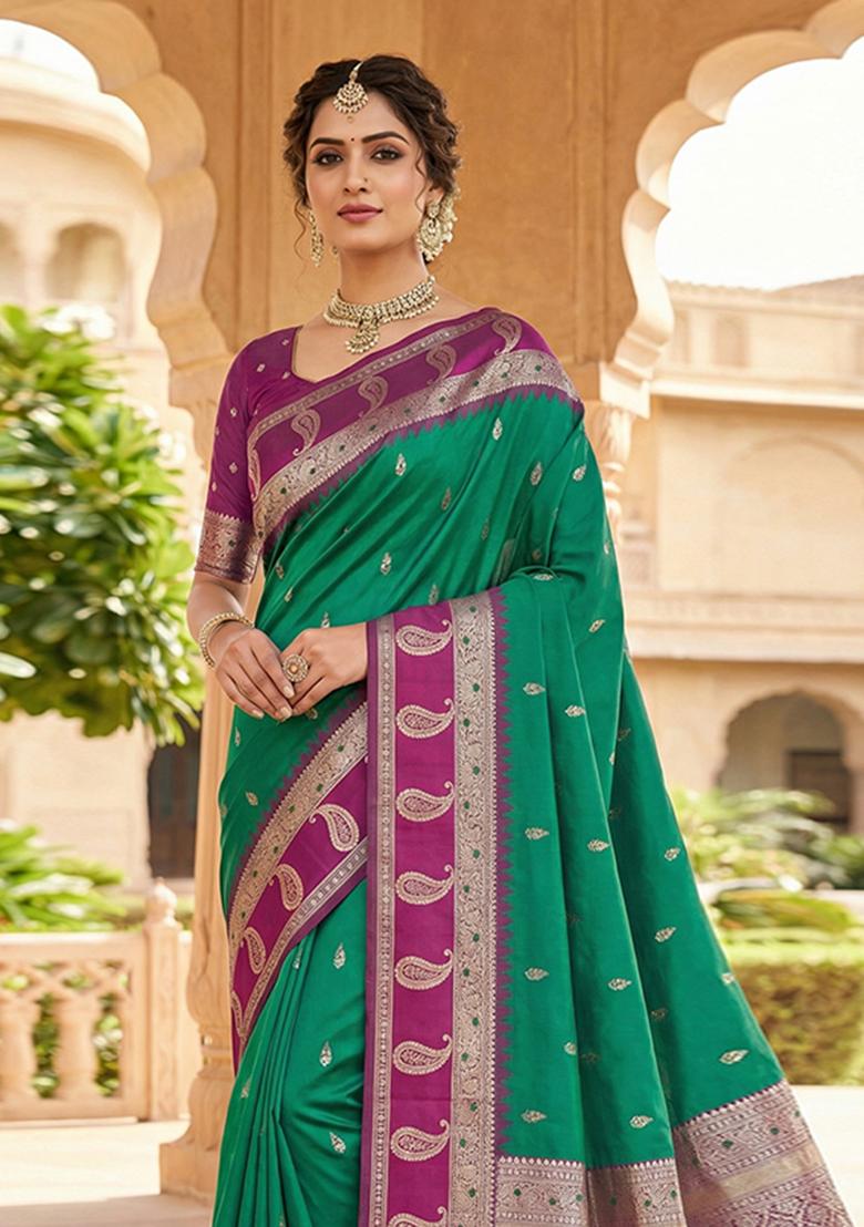 Sea Green Woven Design Banarasi Saree Set - Indya