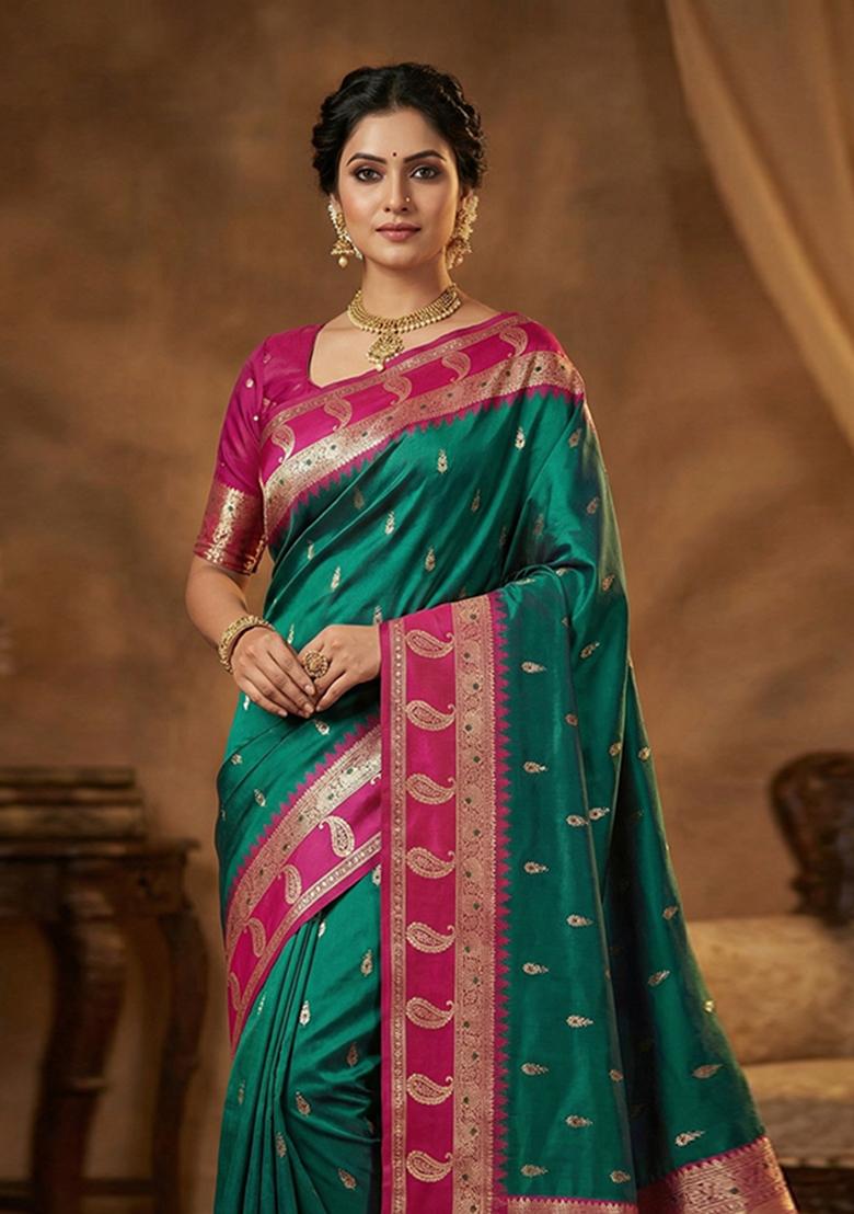Teal Woven Design Banarasi Saree Set - Indya