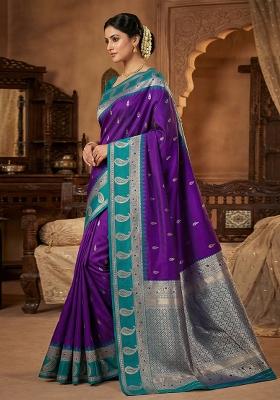 Purple Woven Design Banarasi Saree Set