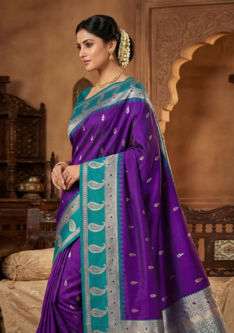 Purple Woven Design Banarasi Saree Set - Indya