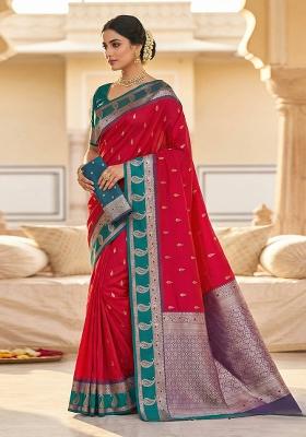 Pink Woven Design Banarasi Saree Set