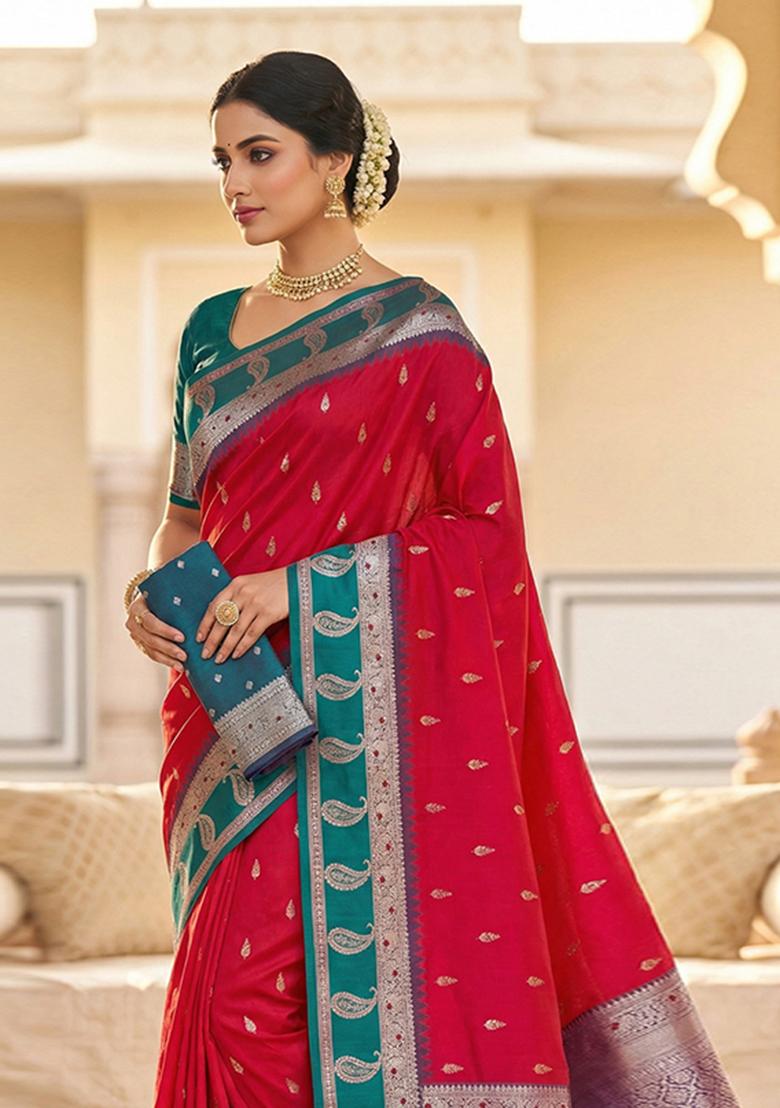 Pink Woven Design Banarasi Saree Set - Indya