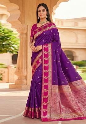 Wine Woven Design Banarasi Saree Set