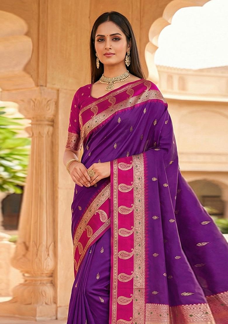 Wine Woven Design Banarasi Saree Set - Indya