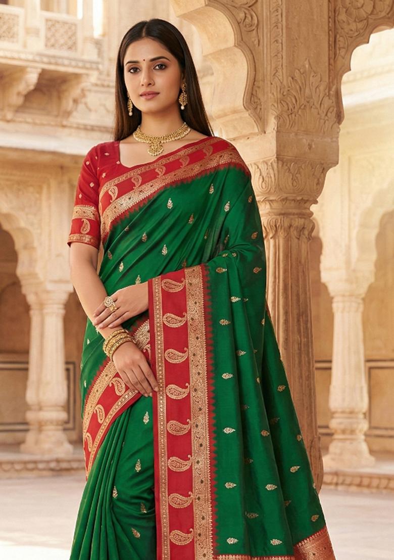Green Woven Design Banarasi Saree Set - Indya
