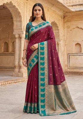 Maroon Woven Design Banarasi Saree Set