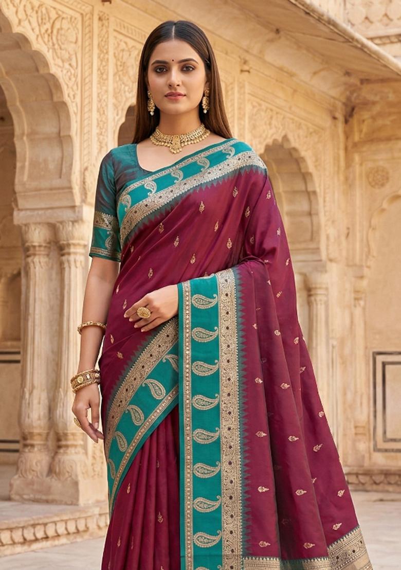 Maroon Woven Design Banarasi Saree Set - Indya