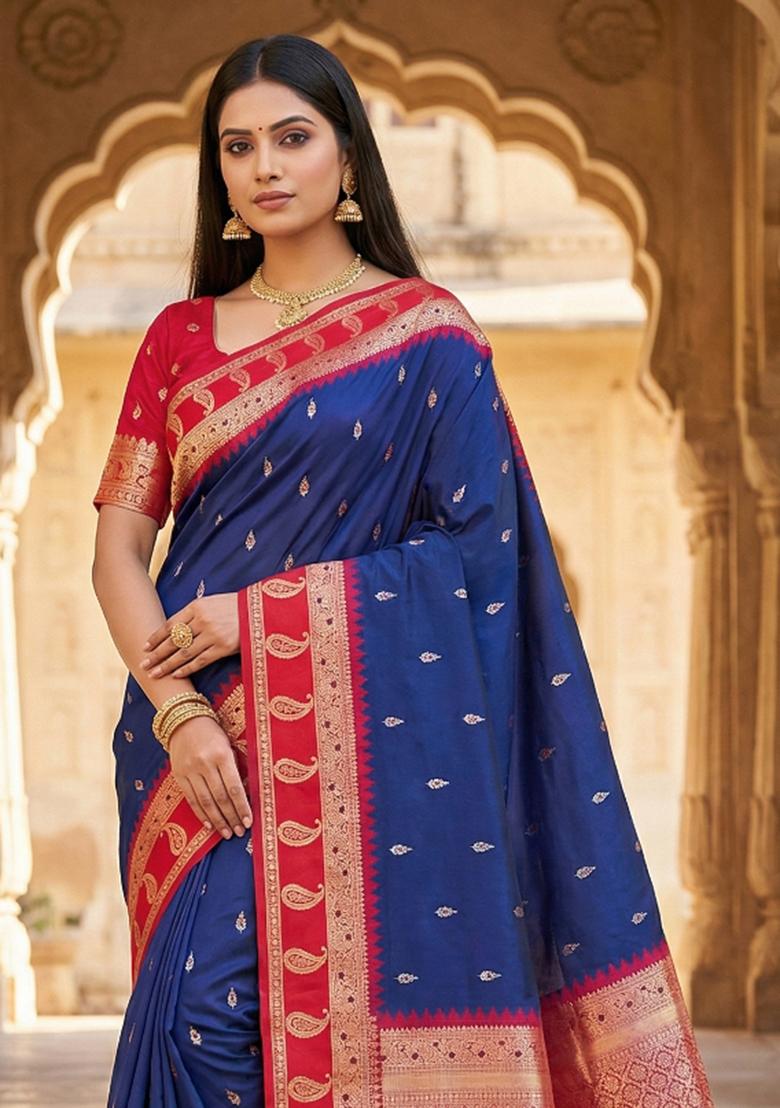 Blue Woven Design Banarasi Saree Set - Indya