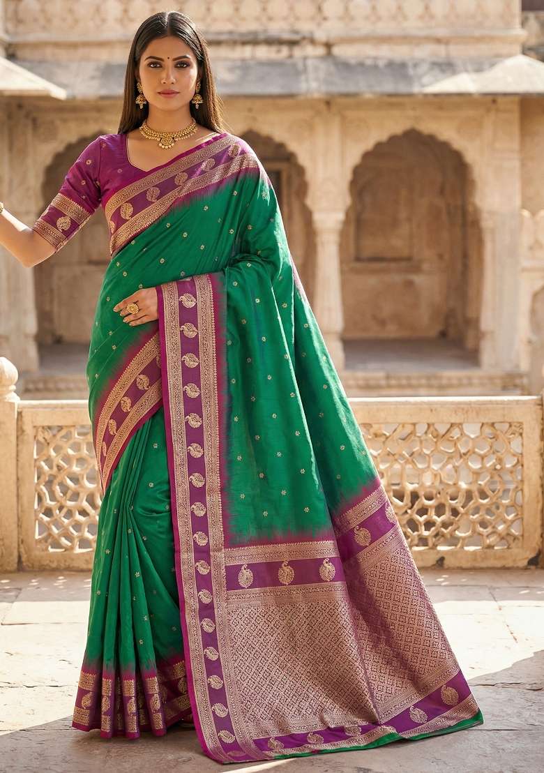 Sea Green Woven Design Banarasi Saree Set for Diwali and Festive Wear - Indya