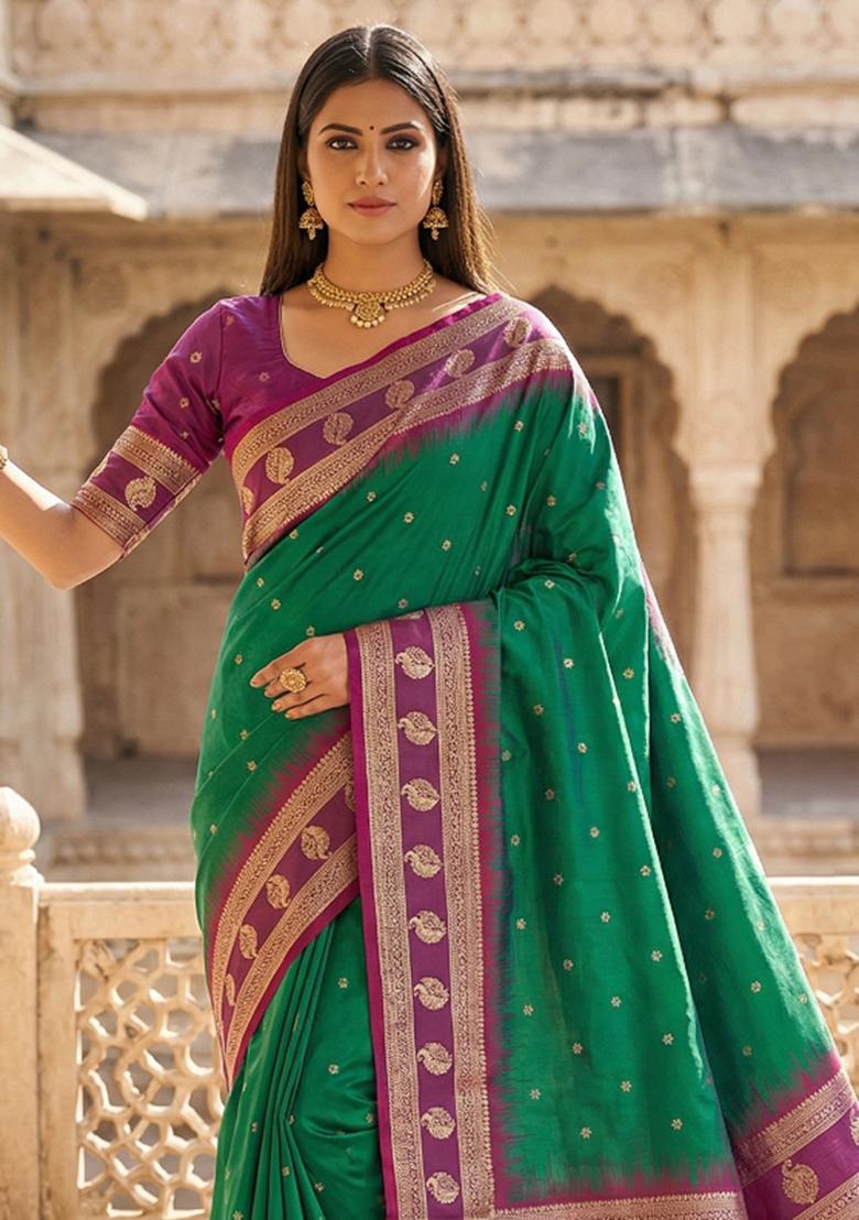 Sea Green Woven Design Banarasi Saree Set - Indya
