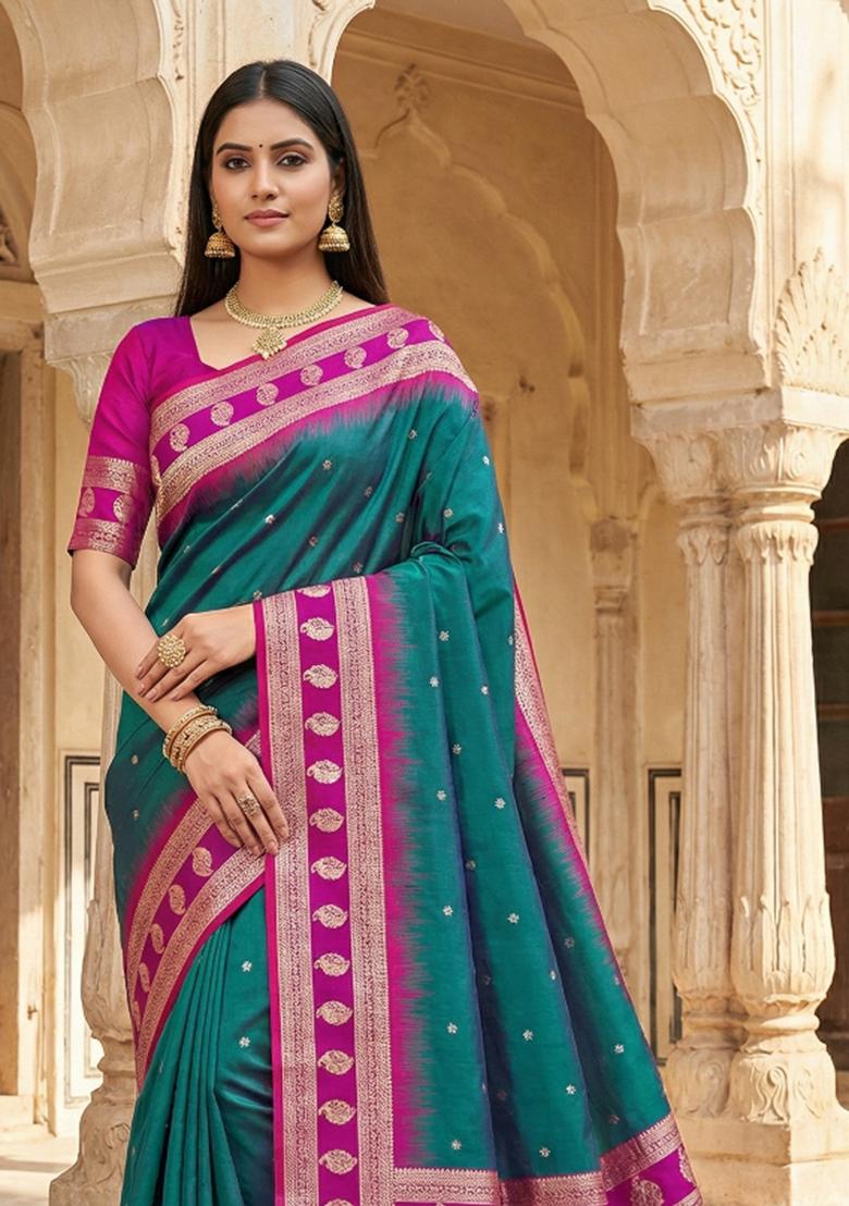 Teal Woven Design Banarasi Saree Set - Indya