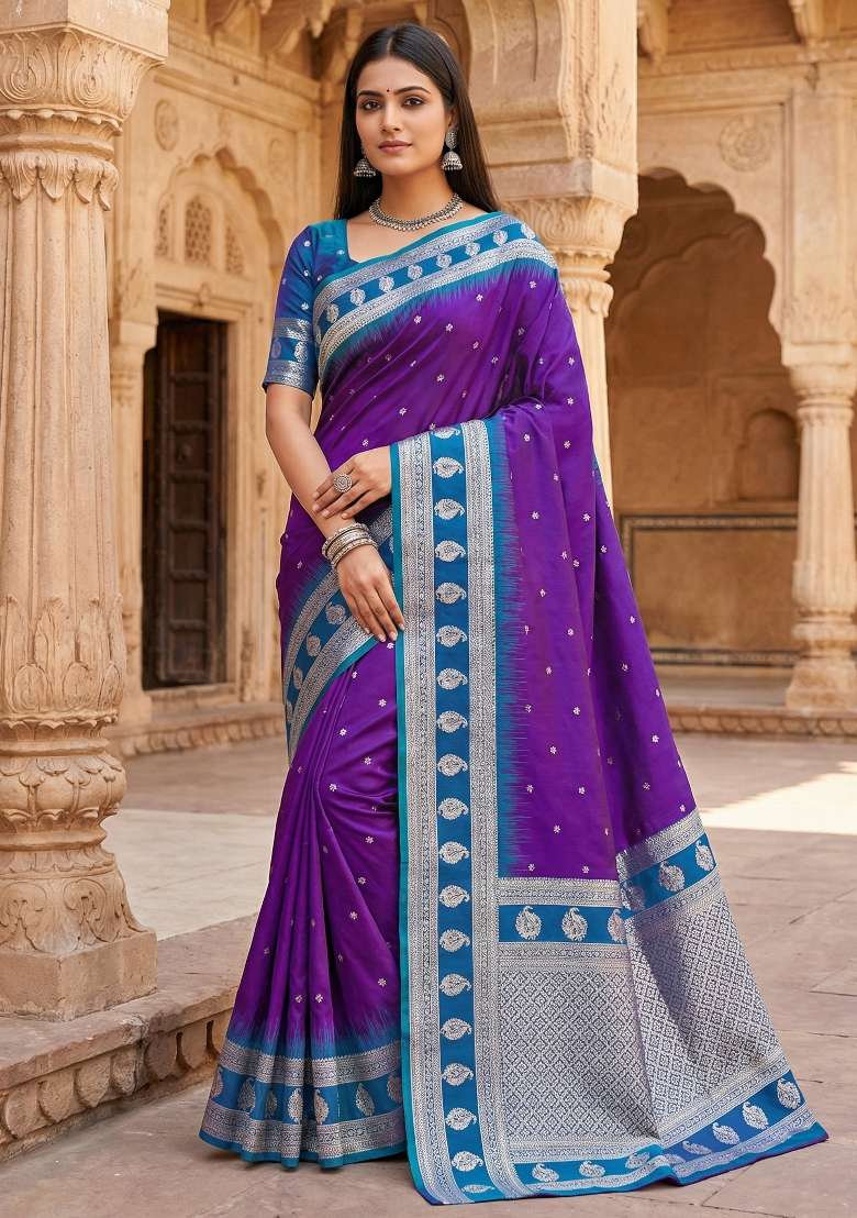 Purple Woven Design Banarasi Saree Set for Diwali and Festive Wear - Indya