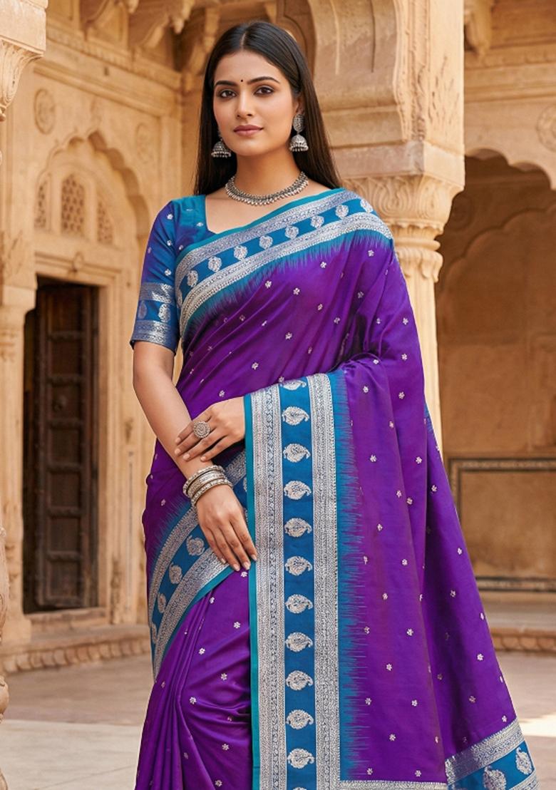 Purple Woven Design Banarasi Saree Set - Indya