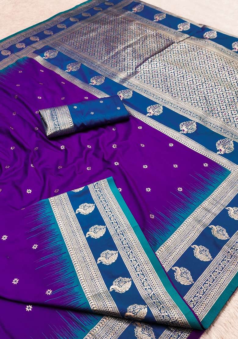 Purple Woven Design Banarasi Saree Set for Diwali and Festive Wear - Indya