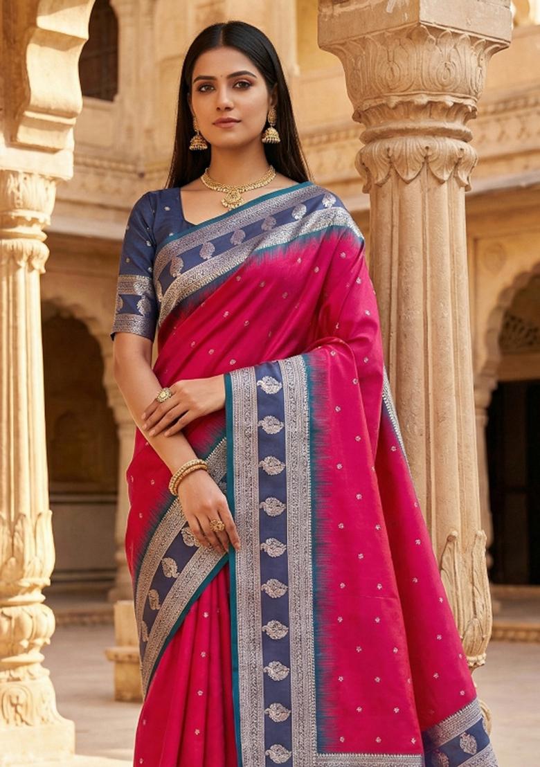Pink Woven Design Banarasi Saree Set - Indya