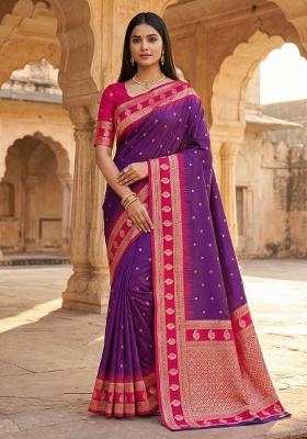 Wine Woven Design Banarasi Saree Set
