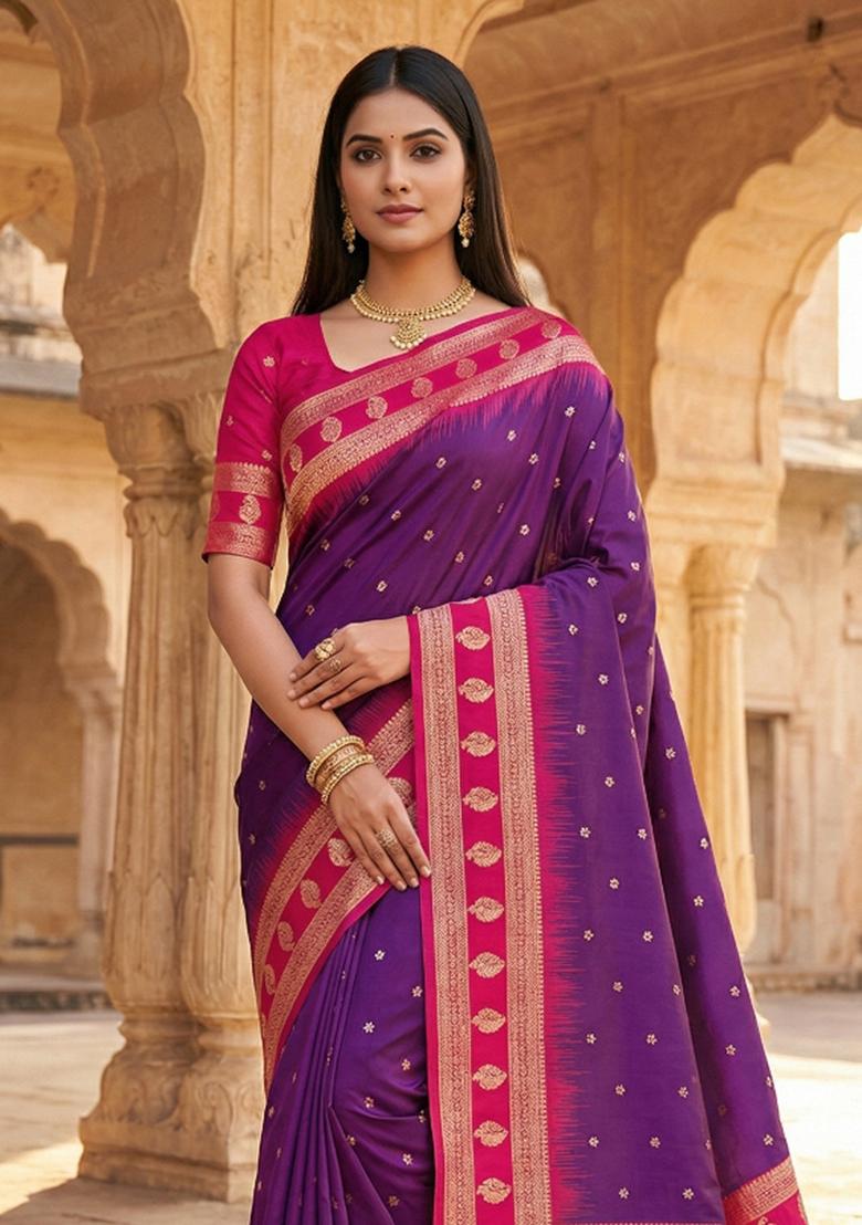 Wine Woven Design Banarasi Saree Set - Indya