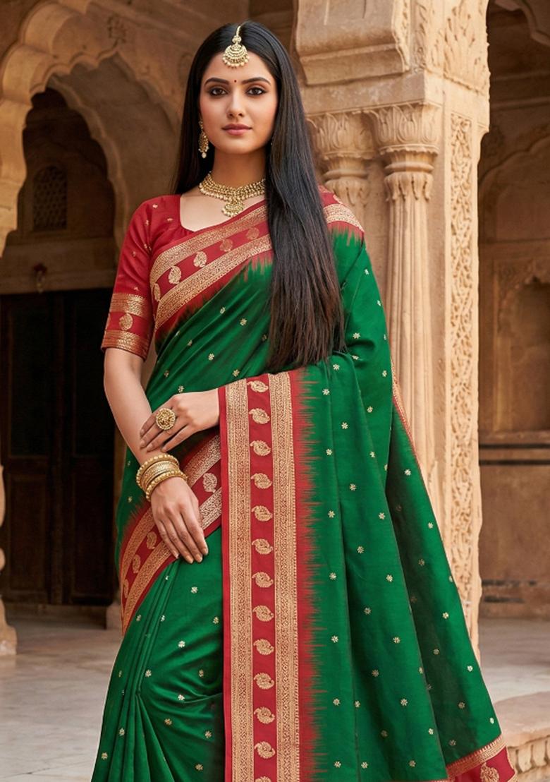 Green Woven Design Banarasi Saree Set - Indya