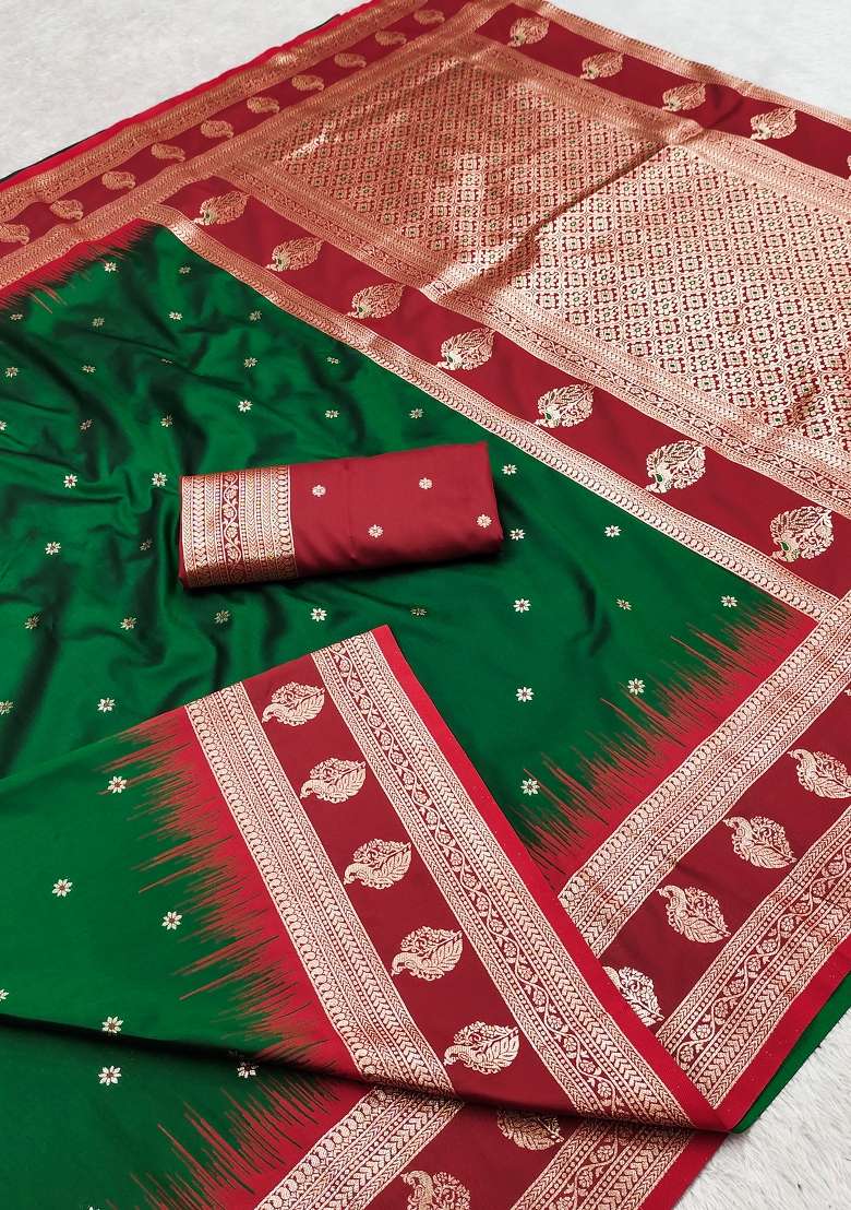 Green Woven Design Banarasi Saree Set for Diwali and Festive Wear - Indya