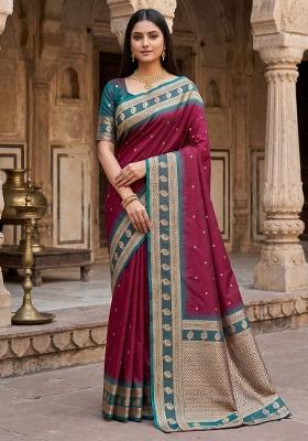 Maroon Woven Design Banarasi Saree Set