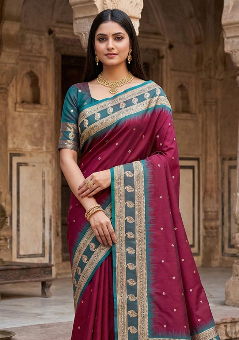 Maroon Woven Design Banarasi Saree Set - Indya