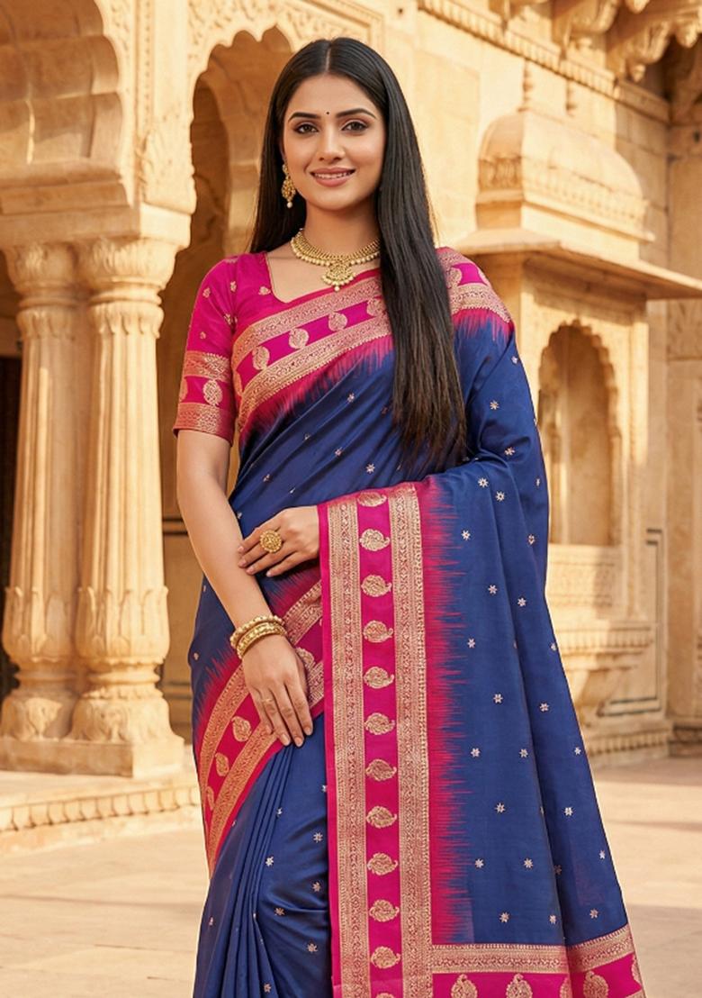 Blue Woven Design Banarasi Saree Set - Indya