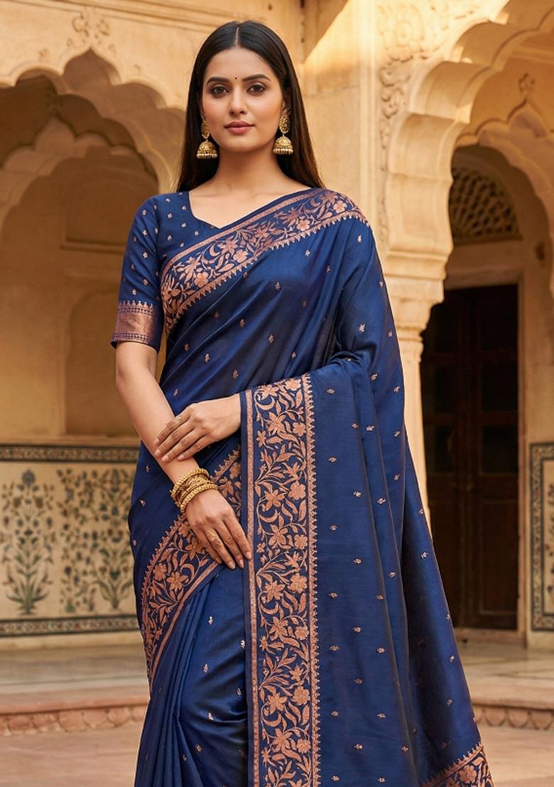 Blue Woven Design Banarasi Saree Set - Indya