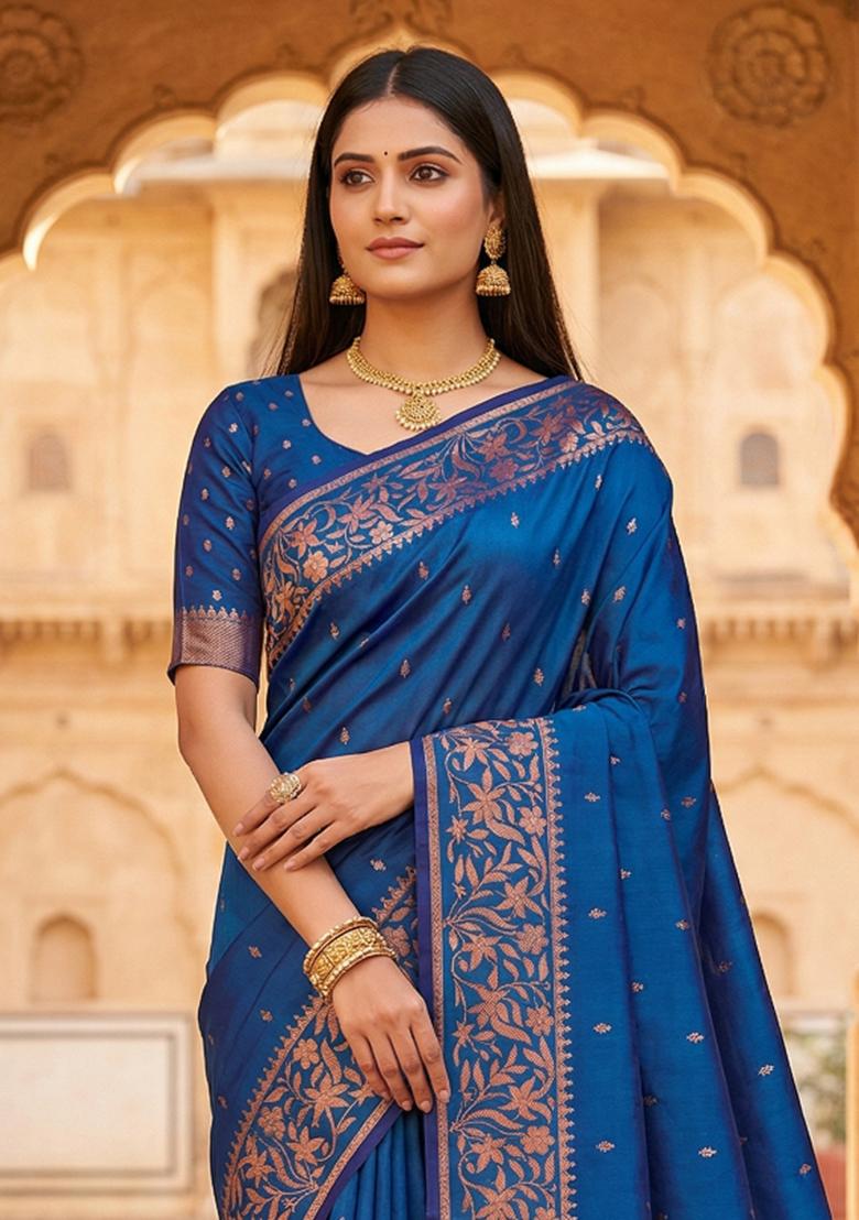 Teal Woven Design Banarasi Saree Set - Indya